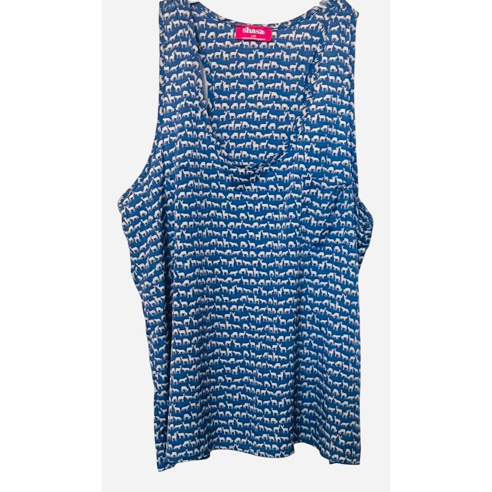 SHASA SLEEVELESS, A-LINE, RACERBACK TANK TOP/BLOUSE, WOMENS, L, BLUE/DEER PRINT